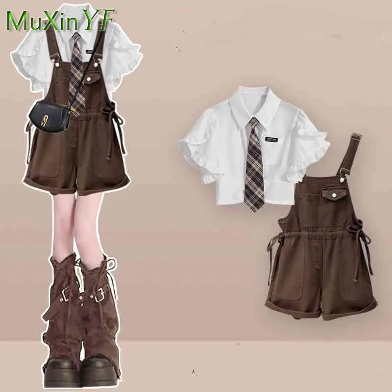 Women's 2026 Summer New Retro Knit Short-sleeve Top+Denim Strap Short Two Piece Suit Korean Elegant T-shirt Pants Matching Set