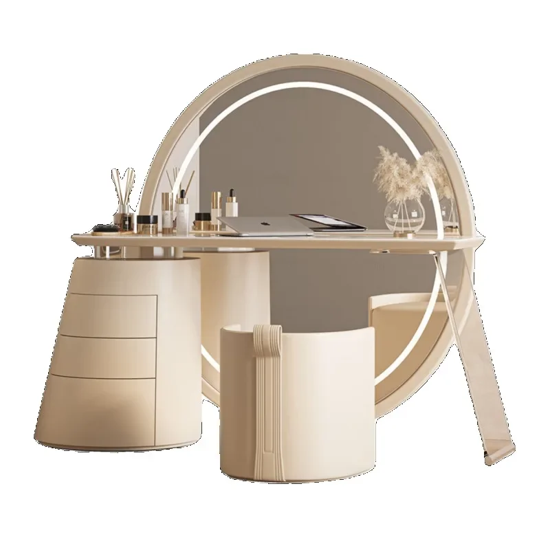 

simple master bedroom, high-end dressing table, full-body floor-to-ceiling dressing mirror, storage cabinet integrated