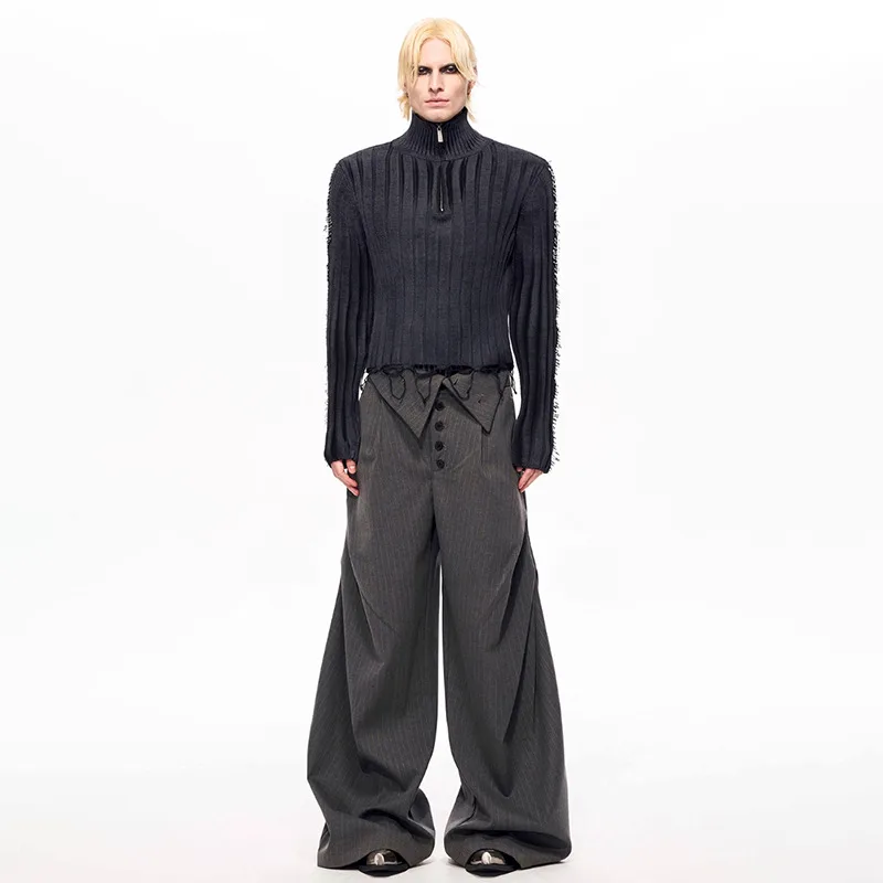 LUZHEN 2025 Winter New Stylish Metal Pin Patchwork Decorate Wornout Design Knitted Pullover Turtleneck Men Street Sweater JY5176