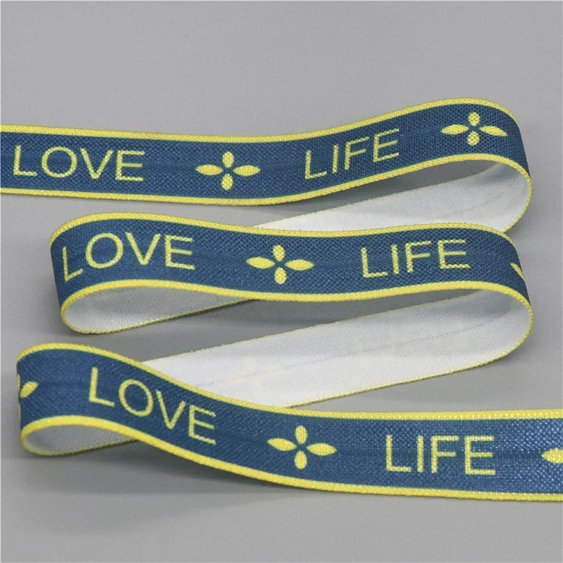 DHK 5/8\'\' 5yards Love Sister Life Happy Printed Fold Elastic FOE Stretch Ribbon Decorations Craft DIY Sewing E2118