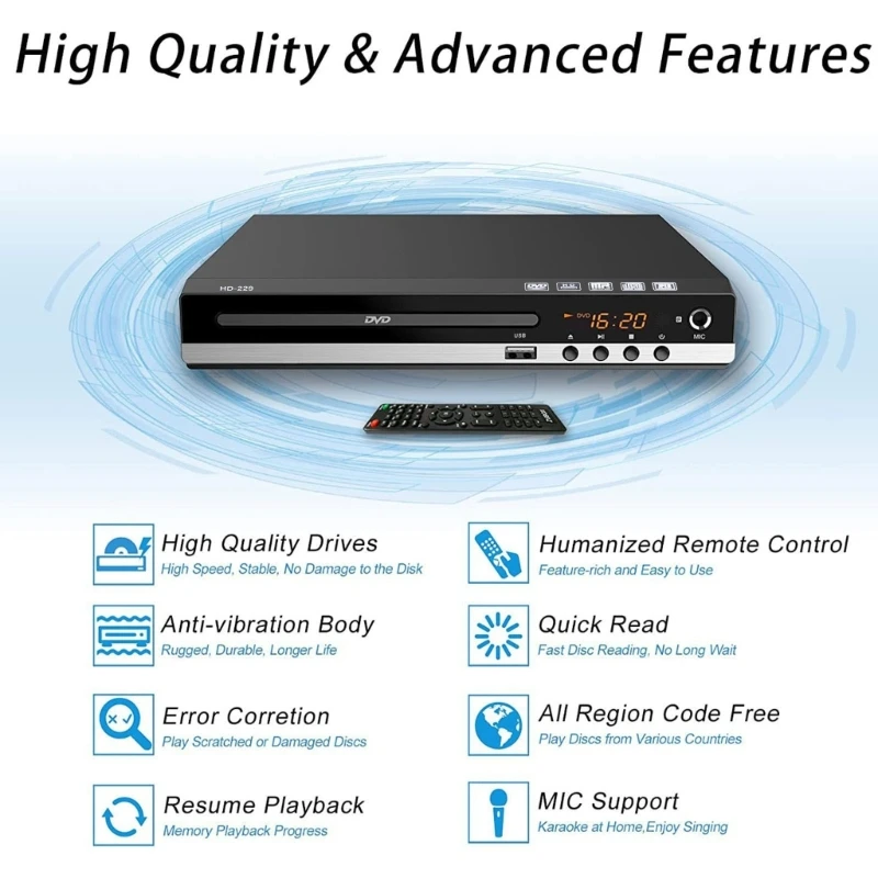 DVD Player for TV with HDMI-compatible AV-output, Home SVCD Player All Region Free CD-RW Player for Home Stereo System