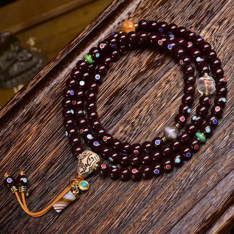Natural cinnabar inlaid with -gemstones, star and moon Bodhi 108-bead Buddhist prayer beads, multi-loop bracelet for discip