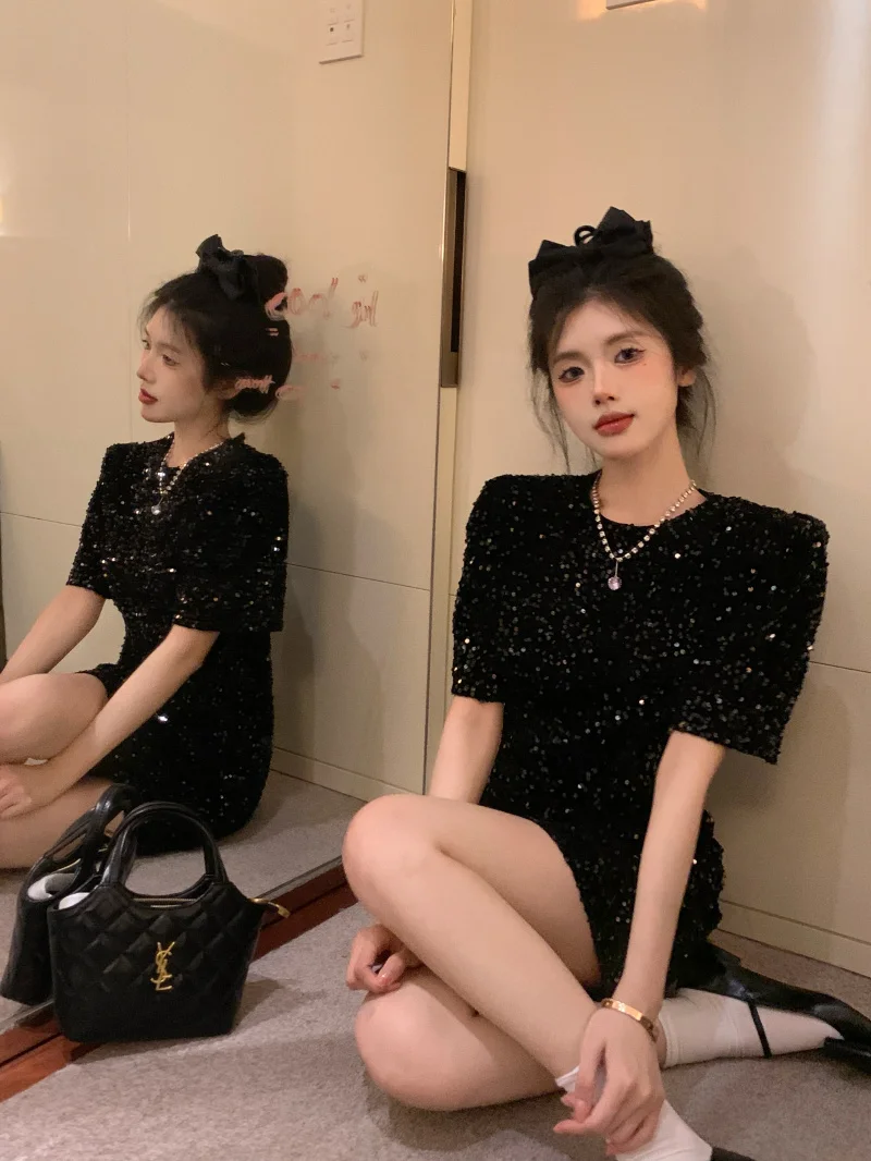 Velvet  Dress Shiny Sequin Women\'s Fashion High Waist A-Line Skirt Short Dress Spring Summer New Arrival Luxury Sensation