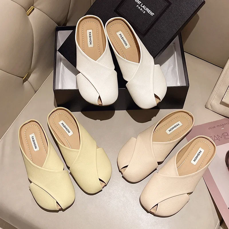 Fashionable Mulder Women's Outer Wear 2024 Summer New Korean Style Soft Bottom Sandals Half Drag Shoes Adults Indoor And Outdoor