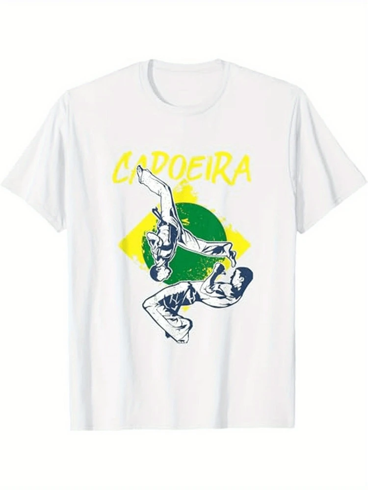 T-shirt printed with Brazilian Capoeira martial arts-fighter pattern, green circle and LAPOERIRA text -100% cotton short sleeve.