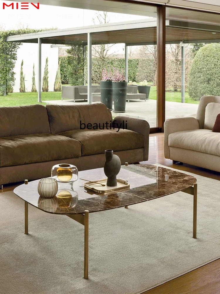 

07Light Luxury Living Room Coffee Table Emperador Marble Top Tea Table Metal Bronze Simple Small Table