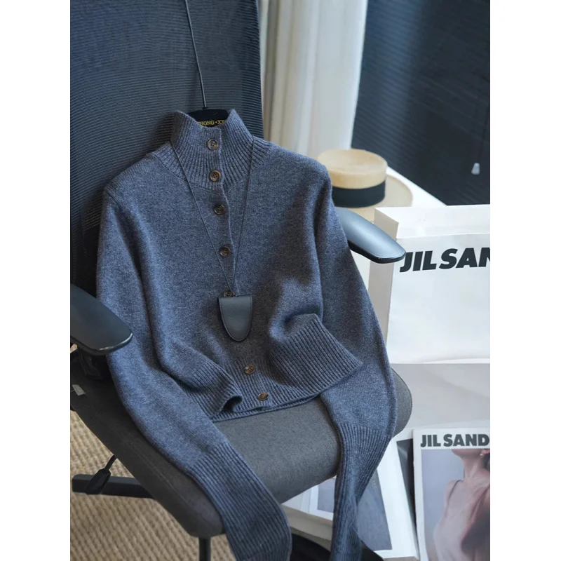 G111304~100Wool Turtleneck Buttons Short Sweater Cardigan Women's Small Sweater Coat24Autumn and Winter