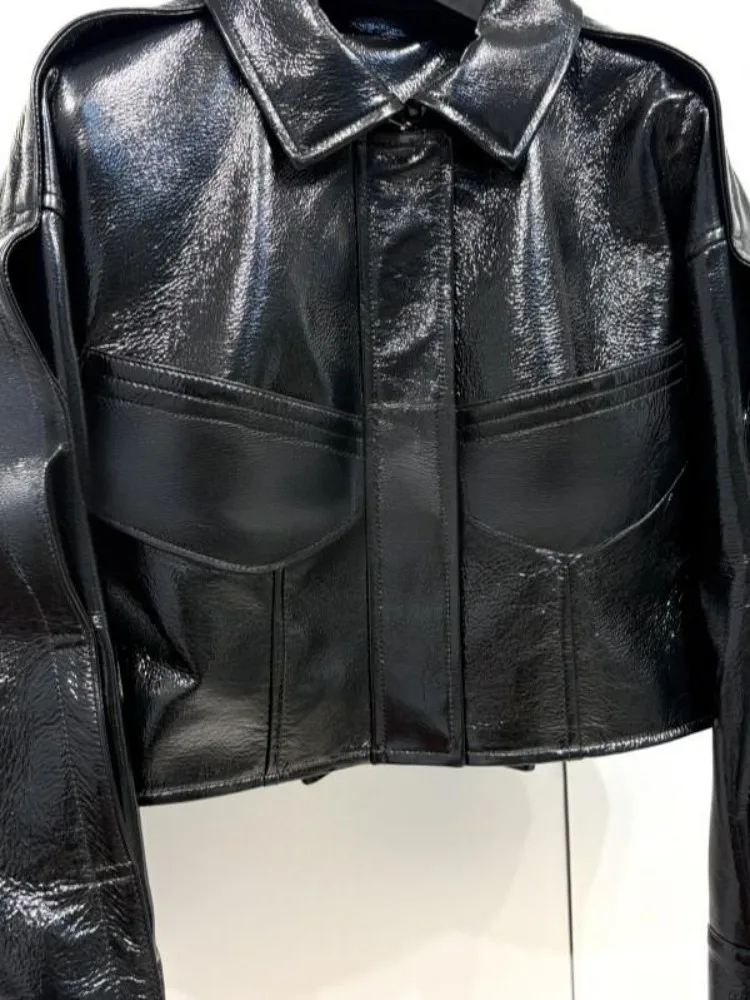 سترة عالية الجودة من الجلد الطبيعي بسحاب وأكمام طويلة من جلد الغنم فضفاضة بلون سادة ملابس خارجية نسائية عالية الجودة #6