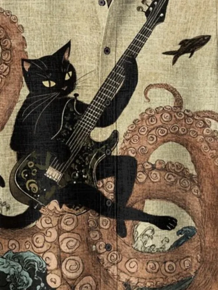 Men's Black Cat Playing Guitar In The Waves Art Print Casual Shirt Japanese Holiday Retro Style Man Bohemian Stand Collar Tops