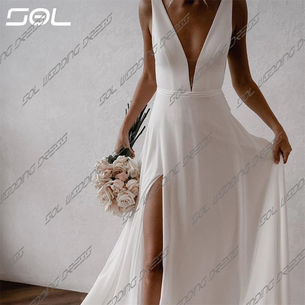 SOL Simple Deep V Neck Spaghetti Straps Side Slit Chiffon Wedding Dresses Elegant Backless A-Line Bridal Gowns Vestidos De Novia