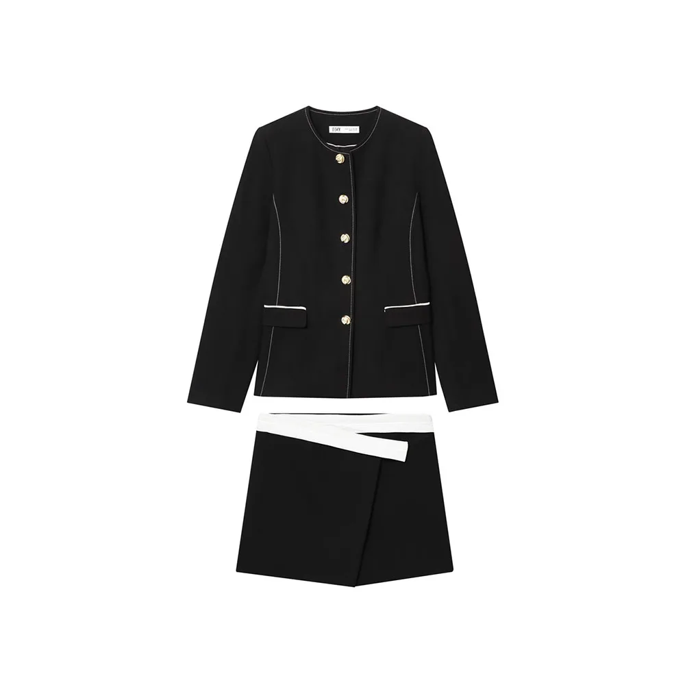 

Осенний новый женский модный пиджак с отделкой и сшитым пиджаком и двубортной юбкой с контрастной талией