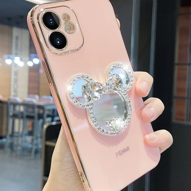 Disney Mickey Mouse Phone Case for IPhone 11 12 13 Pro Max Cartoon Doll Diamond Mirror Phone Cover for IPhone XS XR 7 8plus Cute