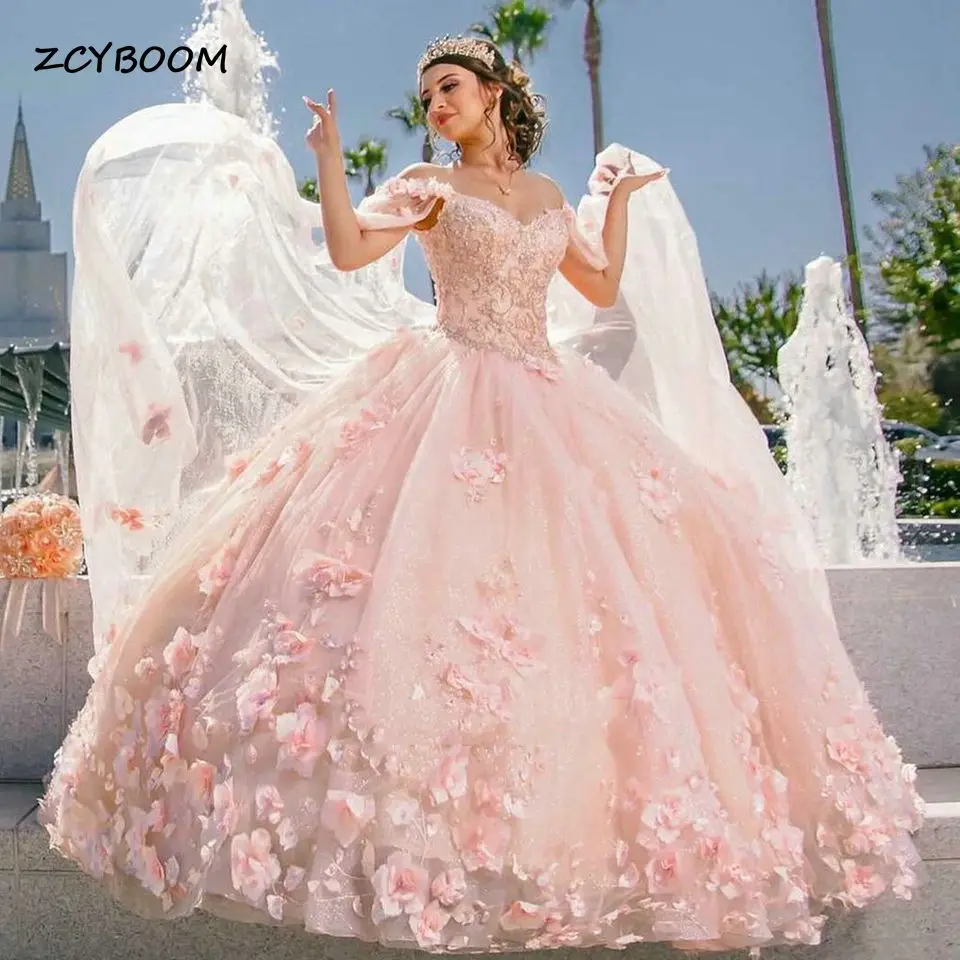 

2023 Розовые цветы Quinceanera платья Vestido De 15 Anos Quinceanera с открытыми плечами и аппликациями из тюля и кружева вечернее платье принцессы