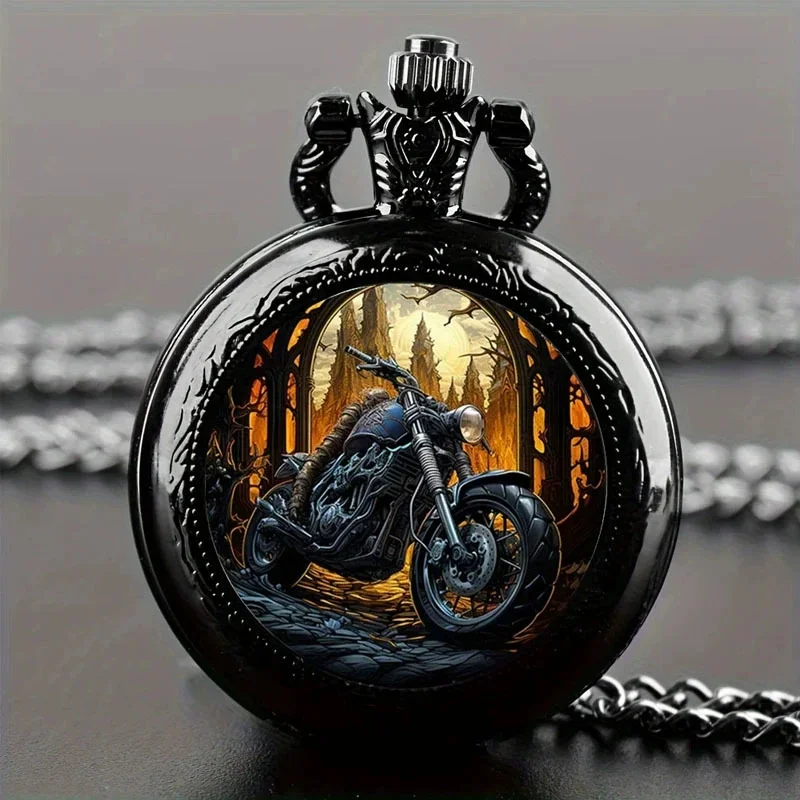 Vintage black motorcycle quartz pocket watch, necklace pendant with world time function
