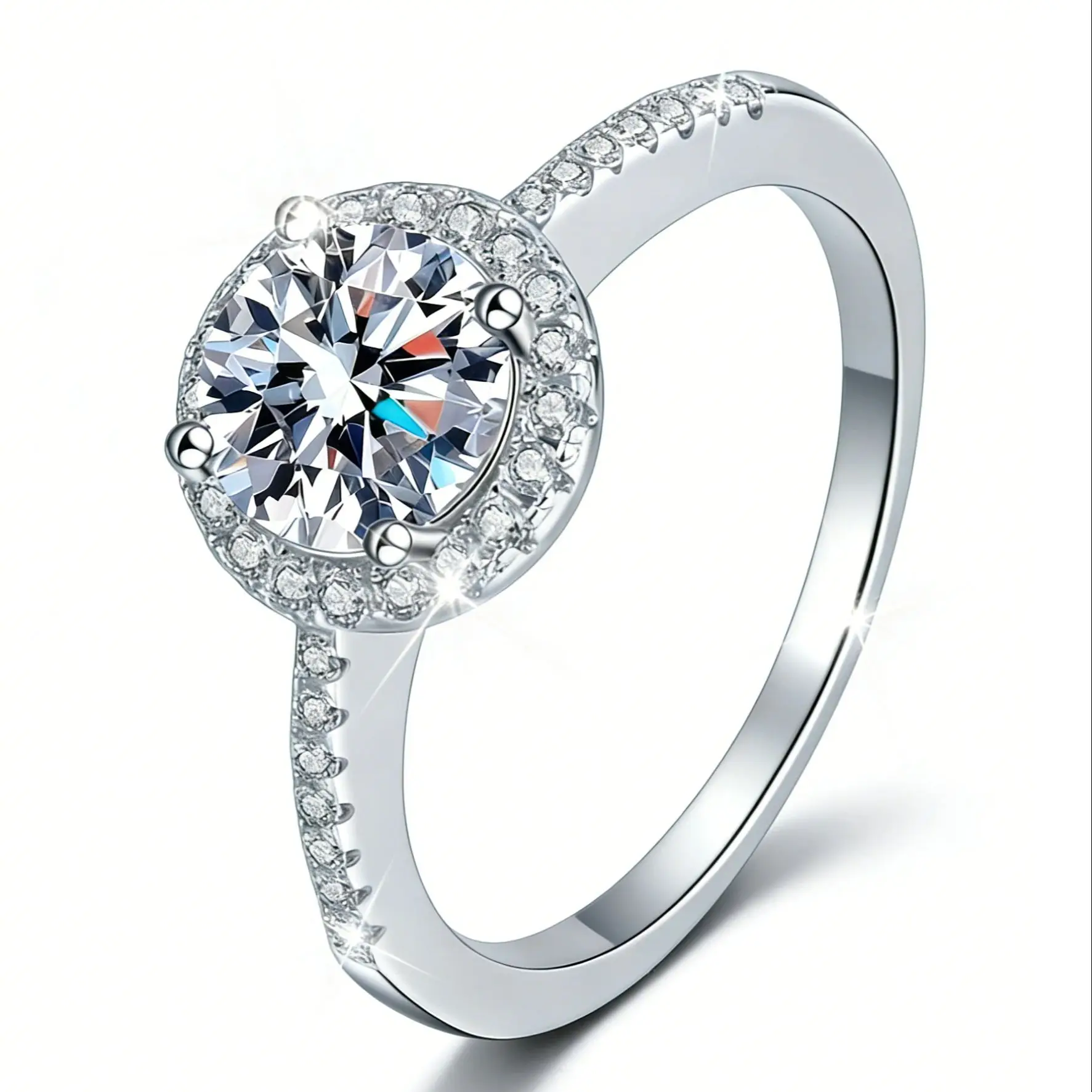 A 925 Sterling Silver 1-Carat Four-Prong Round Moissanite Ring, Stylish, Simple, Classic, and High-Quality.
