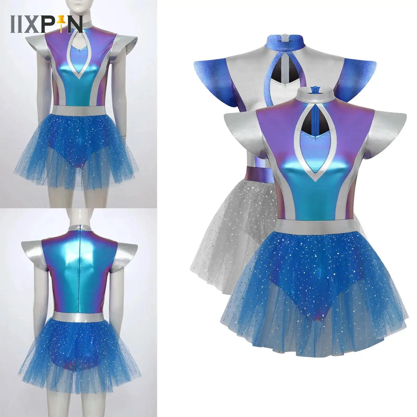 

Womens Astronaut Alien Space Suit Halloween Outerspace Cosplay Costume Metallic Shiny Patchwork Tulle Hem Built-in Briefs Dress