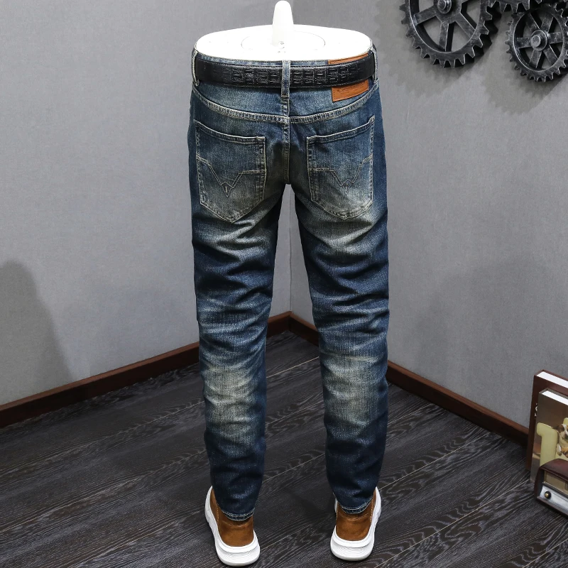 Newly Vintage Fashion Men Jeans Retro Blue Elastic Slim Fit Ripped Jeans Men High Quality Trousers Casual Designer Pants Hombre