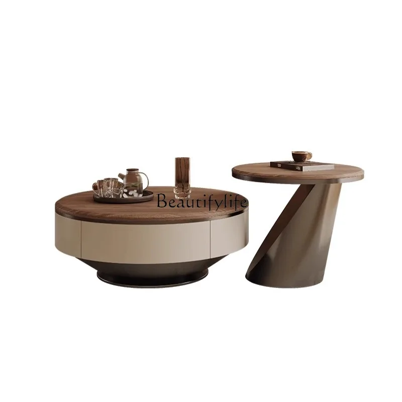 

Modern simple living room household light luxury solid wood stainless steel round coffee table