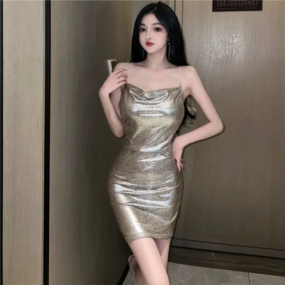 

Summer Fashion Korean Style Gold Sequin Sexy Shiny Dress for Women Cross Chain Open Back Glitter Nightclub Sexy Party Mini Dress