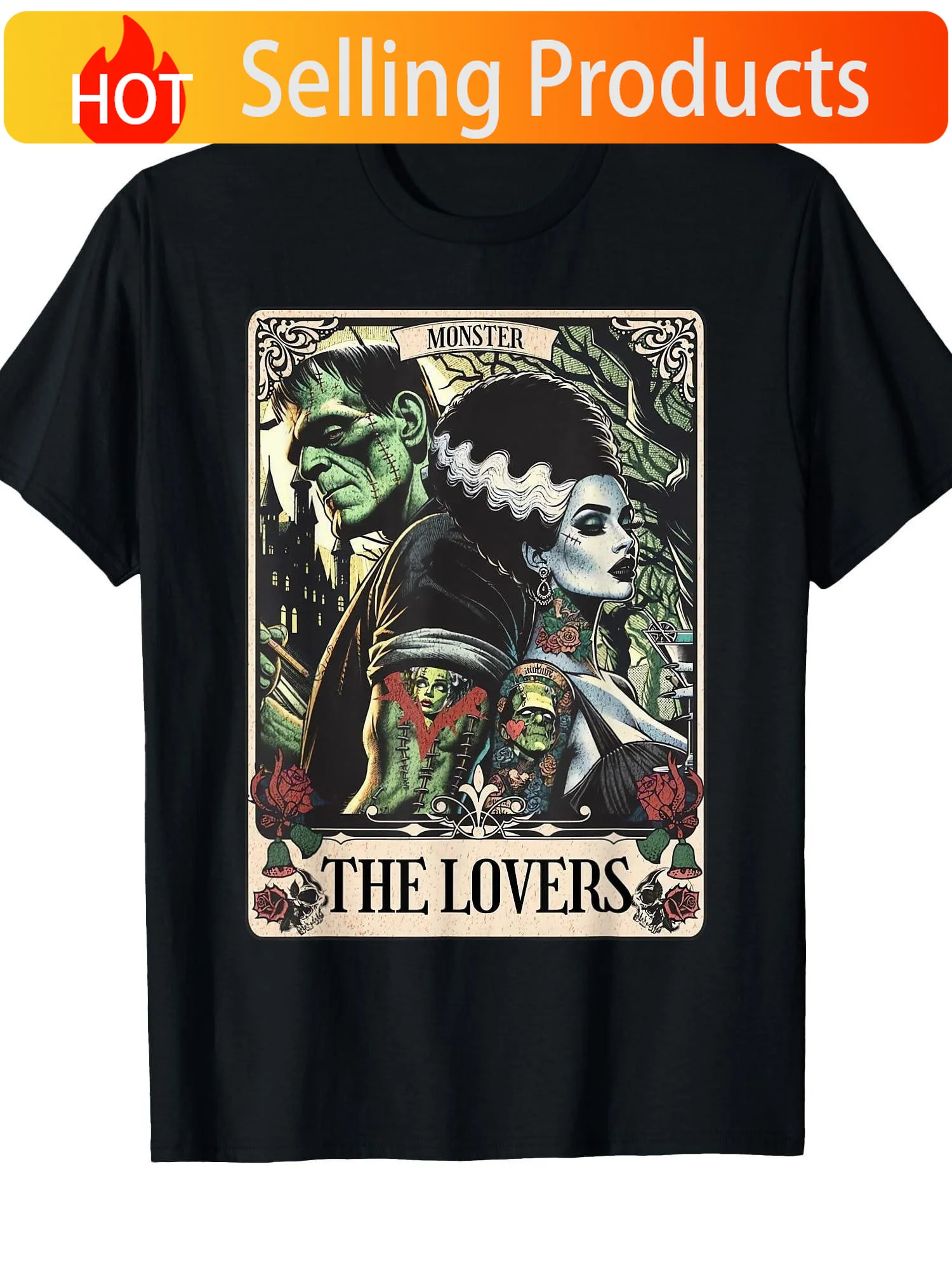 Unisex Card T-Shirt Gothic Horror Pattern T-Shirt with Monster and Bride Art Print Short Sleeve Round Neck Casual Shirt Suitable
