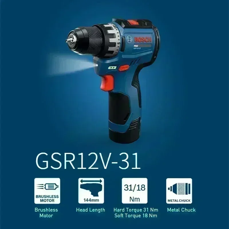BOSCH GSR12V-31 Cordless Electric Drill Driver Rechargeable Screwdriver Kit High Torque Dual Speed Multifunctional Power Tool