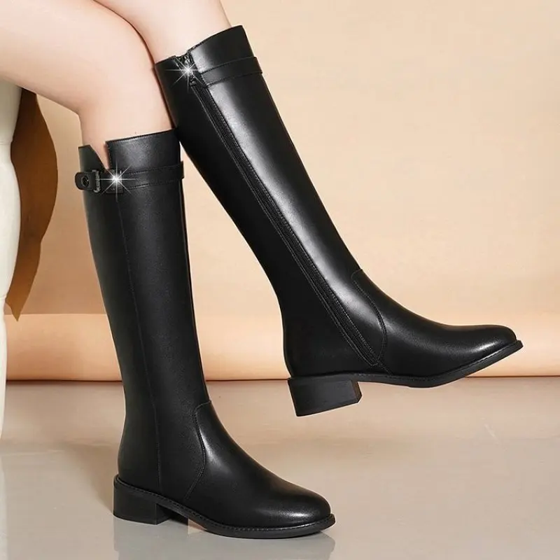 Women Knee-high Boots Genuine Leather Natural Leather Ladies Bootie Autumn and Winter Boots Goth Shoes Fashion Casual Plus Size