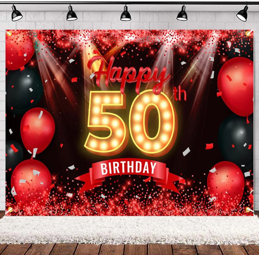 Photography Backdrop Glitter Red And Black Banner For Women Men 50 Years Old Happy 50th Birthday Party Decor Background Poster