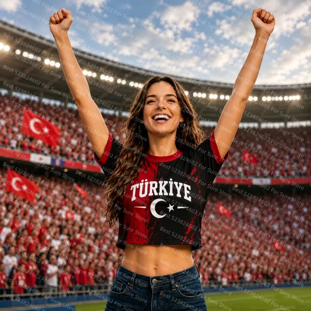Women Turkey Türkiye 10 Football Crop Tops T-Shirt Y2K Sport Jersey Print Short Sleeve Cropped Tee Summer Casual Streetwear