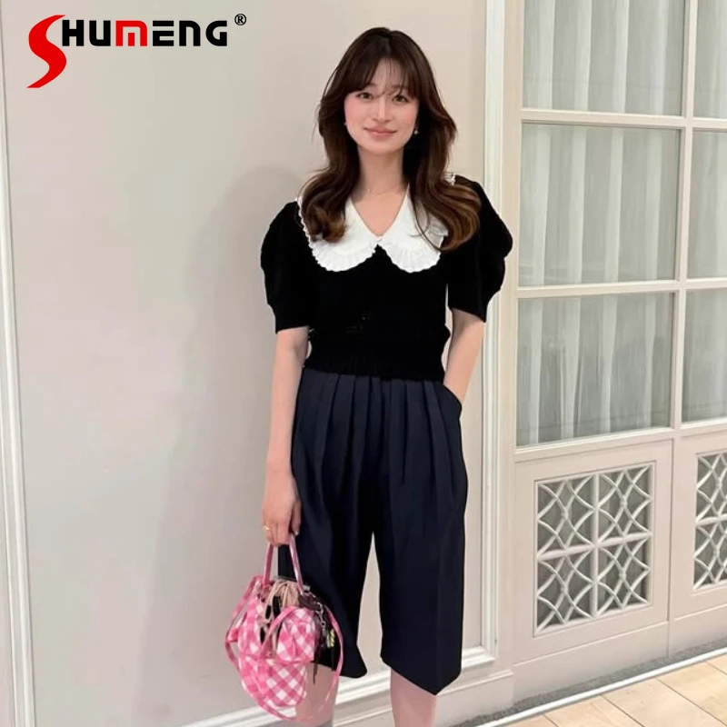 

Базовая черная вязаная футболка в японском стиле с отложным воротником, весна-лето, женский вязаный топ с короткими рукавами и вышивкой букв