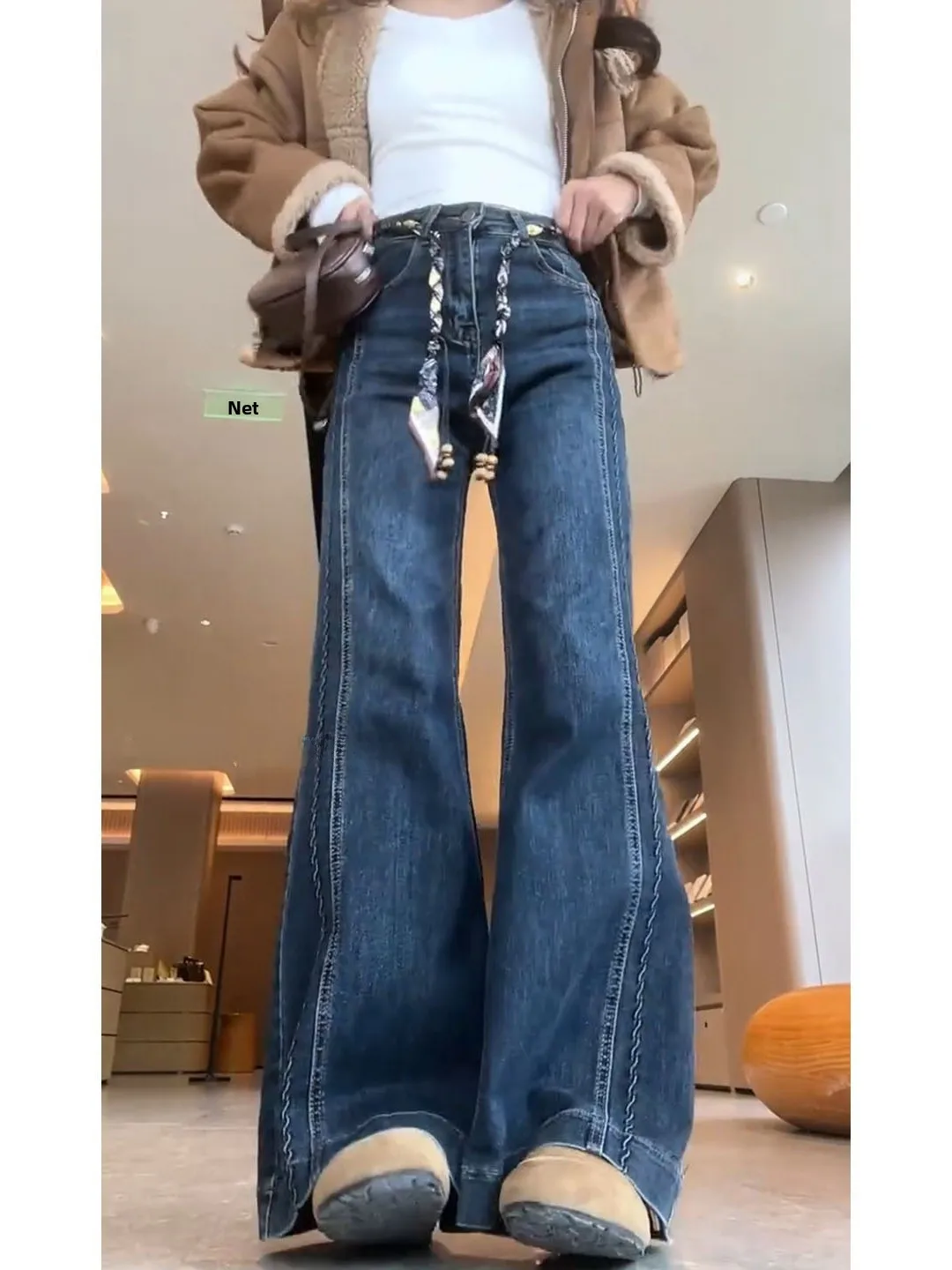 Plus Size Dames Hoge Taille Fce Gevoerde Denim Jeans Elastisch Afslanken Losse Uitlopende Broek Herfst Winter Faion Trend