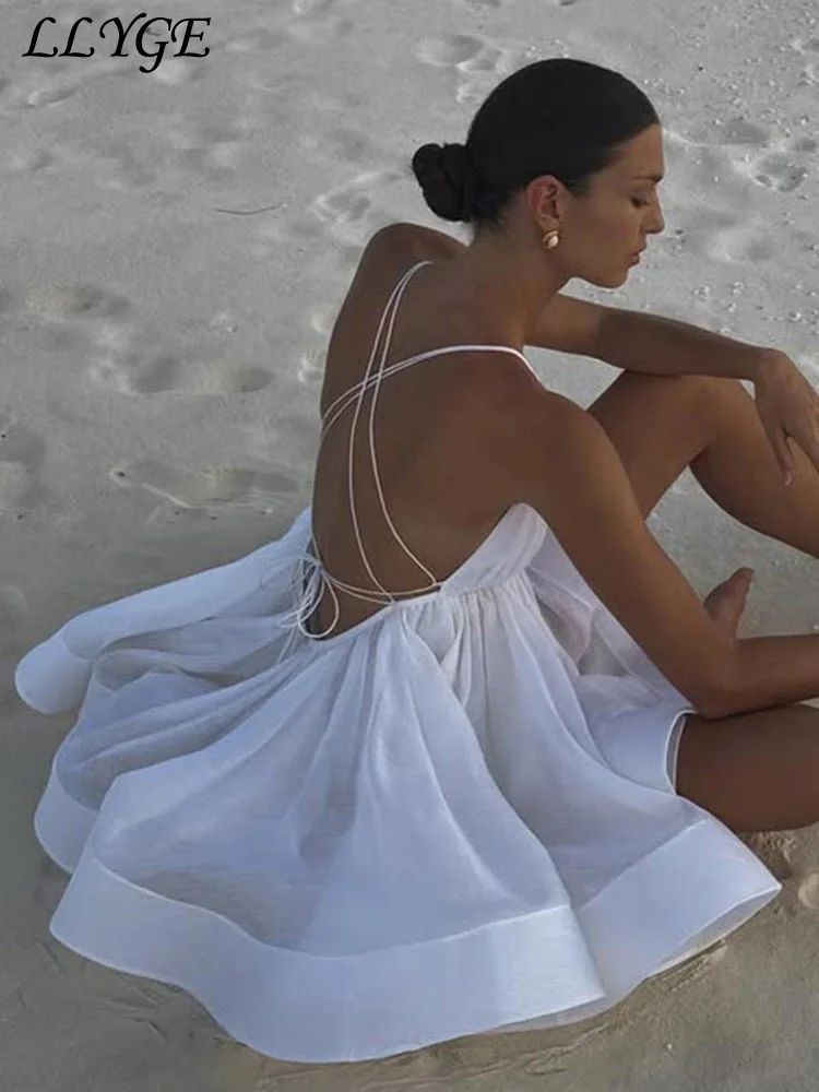 Beach Backless Short Puffy Sling Dress Women Sexy Lace Up Sleeveless A-line Dresses 2025 Summer Lady Vacation Seaside Solid Robe image 5