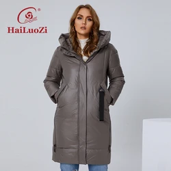 HaiLuoZi-Jaqueta longa de inverno feminina, parka casual, capuz com zíper lateral, casaco monocromático, clássico, grosso, plus size, moda feminina, 6059