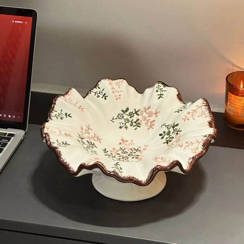 high-footed ceramic fruit plate, living room coffee table ins high-value ornament, living room dried fruit plate, snack plate,