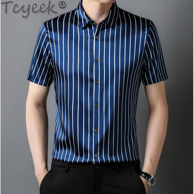 

Tcyeek 93% Real Mulberry Silk Shirt Men Summer Short Sleeve Top Fashion Shirts for Man Clothes Striped Shirt Camisa Masculina