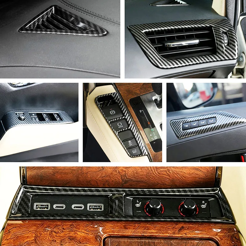 Правый руль! Для Toyota Alphard 2015-2022, накладка на панель переключателей стеклоподъемников и рычага переключения передач с верхним боковым воздуховодом в стиле карбон.
