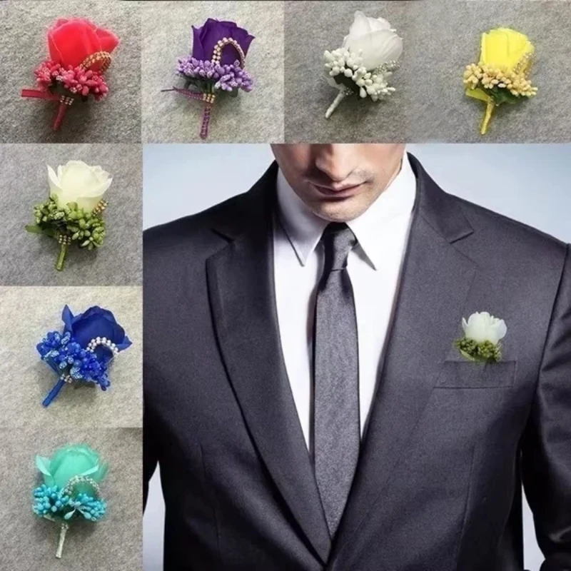 2026 Simulation Silk Rose Groom Corsage Pin Brooch Men's Wedding Suit Flower Decoration Accessories for Bridegroom
