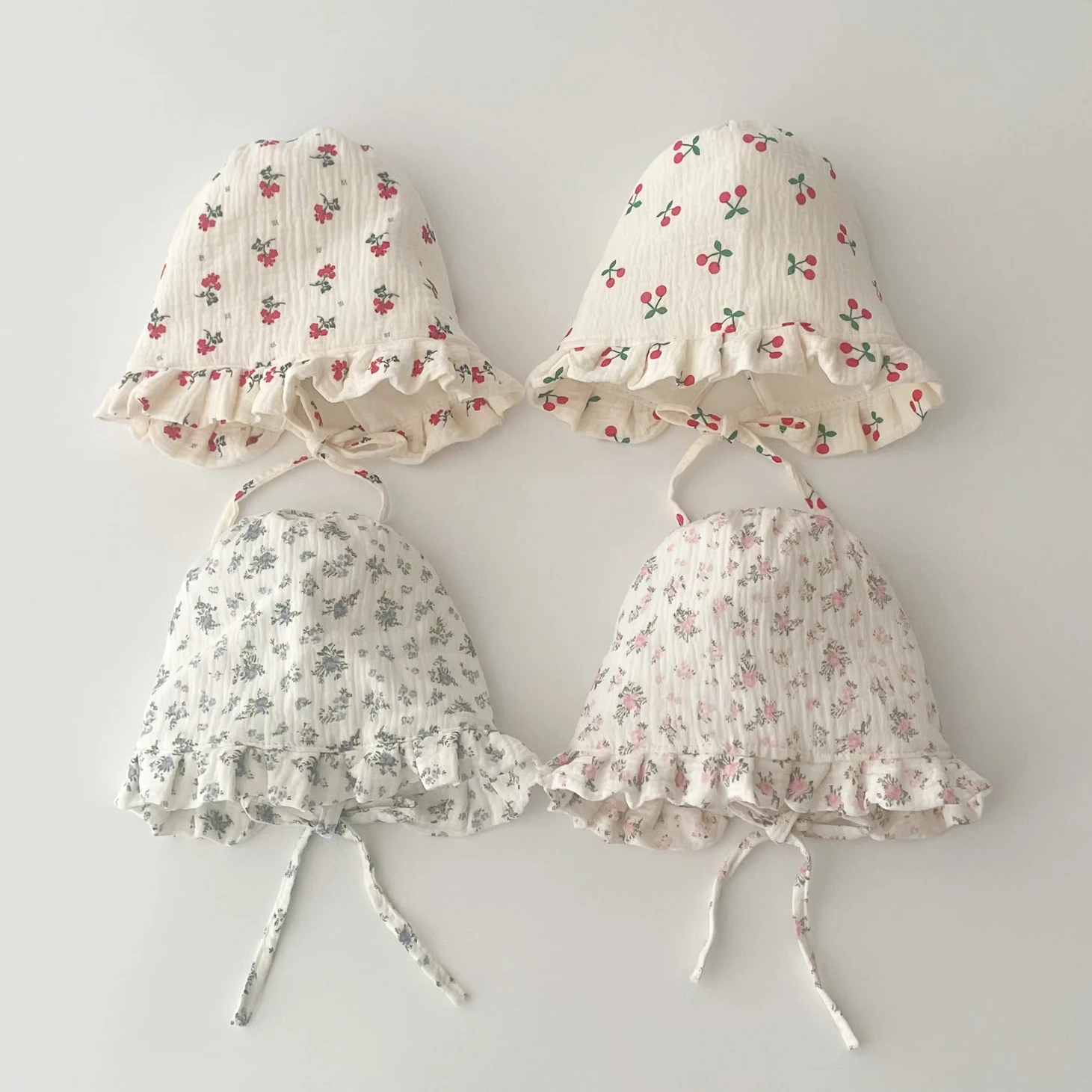 Baby Floral Bonnet Hat 0‑12M Newborn Girl Ruffle Tie‑Up Cap Soft Cotton Cherry Print Infant 38-44cm Princess Hats