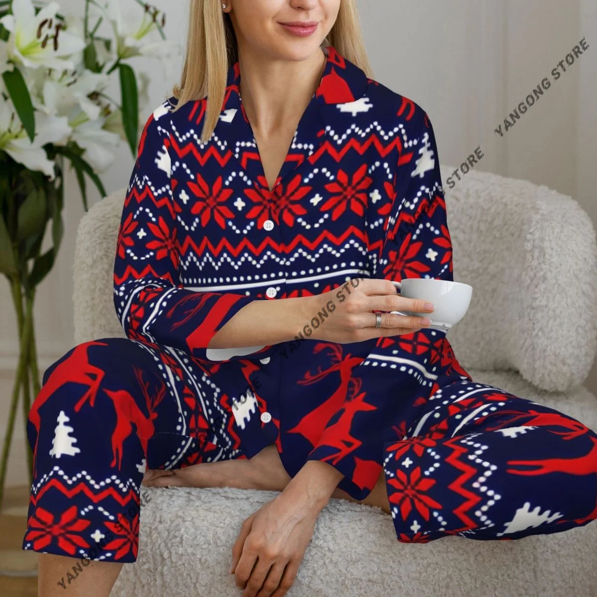 Knitted Pixel Christmas Pattern Womens Pajamas Loungewear Two-piece Sleepwear Button-Down Full Sleeve Long Pajamas Set