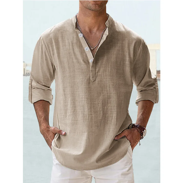 

2026 Men's Linen Stand-up Collar Long-sleeved T-shirt Loose Undershirt Solid Color Long-sleeved Cotton and Linen Shirt
