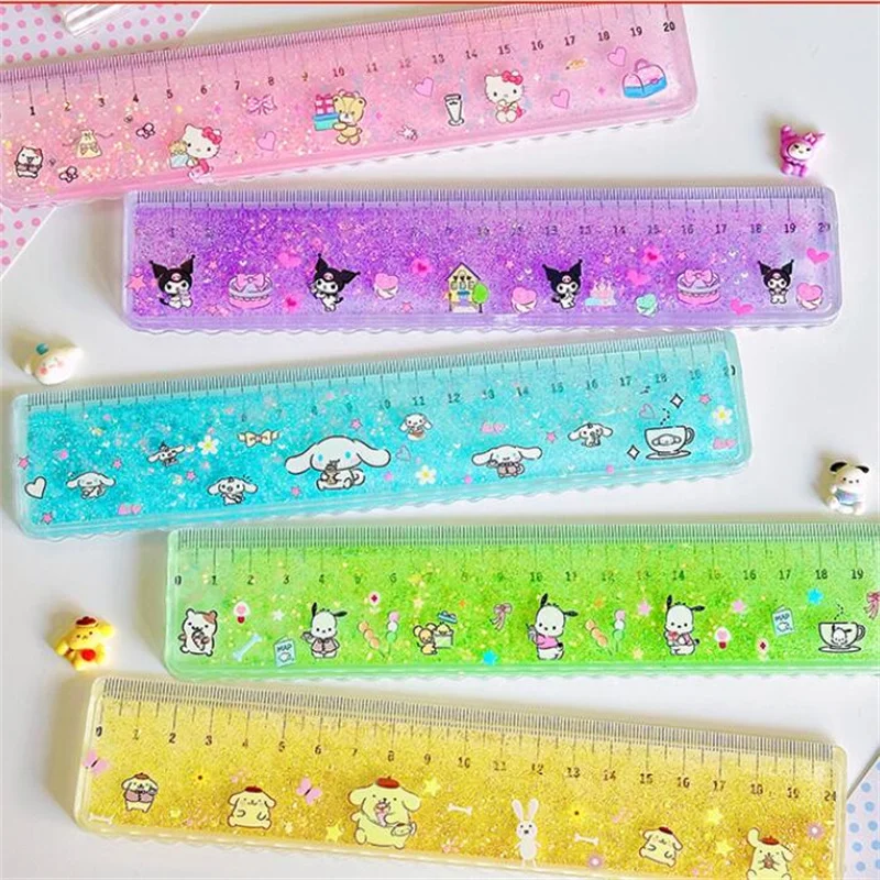 12pcs/lot Sanrio Kuromi Cinnamoroll Kitty Quicksand Ruler Cute Drawing Bookmark Promotional Stationery Gift School Supply