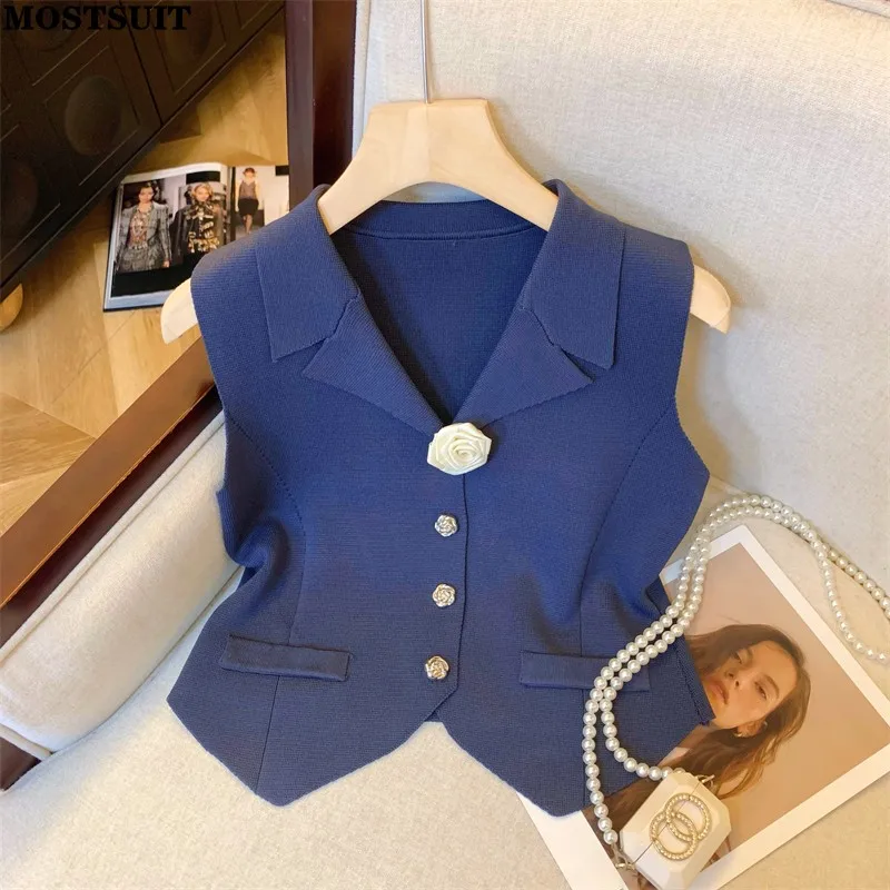 Office Ladies Suit Vest For Women Summer Stylish Chic Workwear Fashion Knit Tops Knitwear Sleeveless Single-breasted Vests Tees