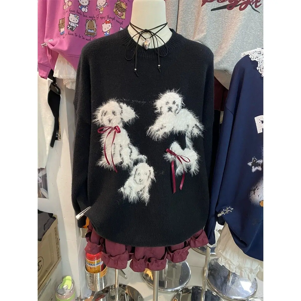 Korejpaa Korean Style Cute Dog Print Round Neck Pullover Fluff Three Dimensional Bow Decoration Warm Sweater Women Clothing