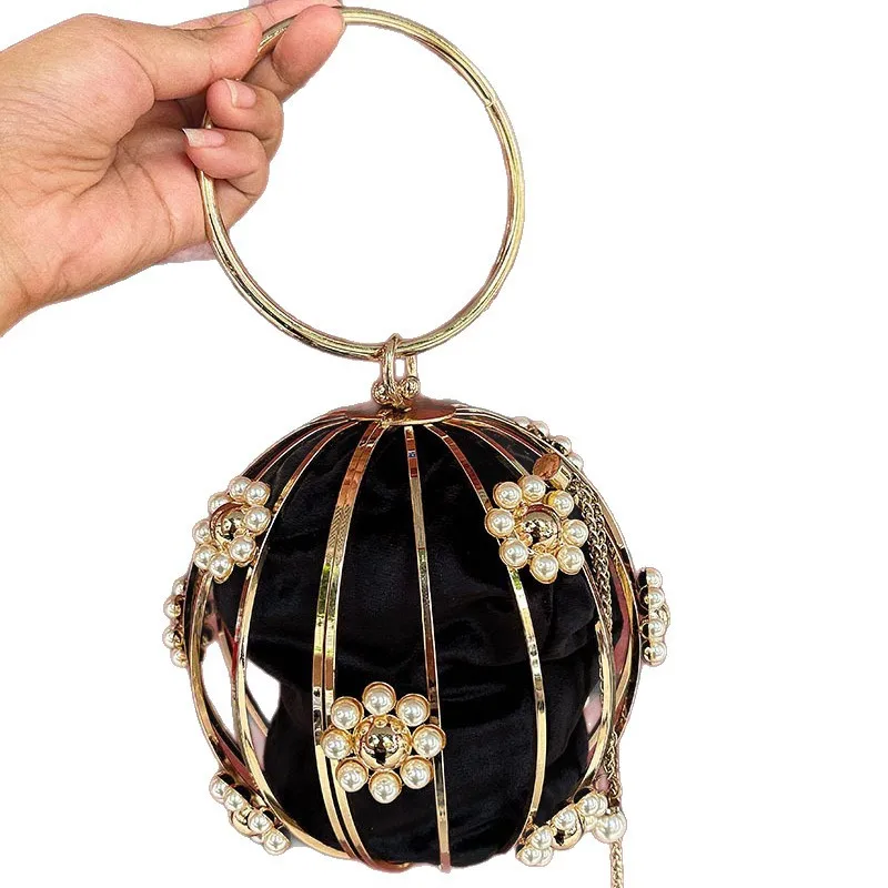 2025 Luxury Hollow Metal Clutch Floral Beaded Lantern Purse for Weddings Parties Evening Bag Chain Floral Ladies Handbags