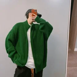 Men's Clothing Zip-up Green Zipper Knit Sweater Male Cardigan Collared Plain Solid Color Overfit Casual Over Fit Y2k Streetwear