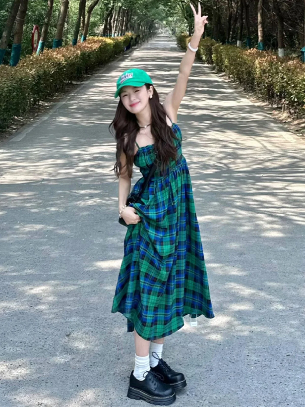 Vestido camisola xadrez verde francês pausa para chá para mulheres no verão, com cintura fina e saia longa elegante