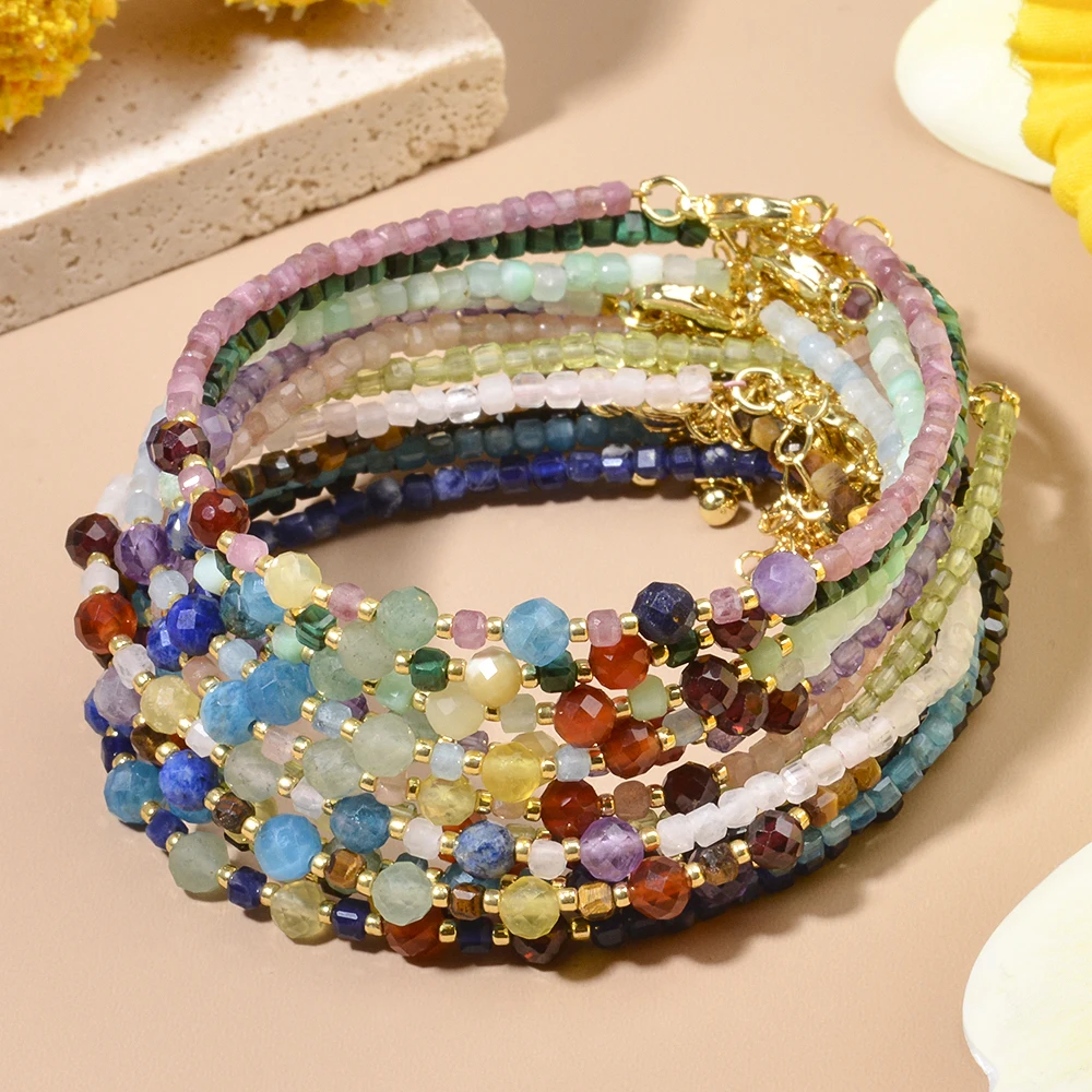Multicolor Natural Stone Amethyst Black Spinel Faceted Cubes and 7 Chakra Beads Adjustable Bracelets for Women Daily and Gift