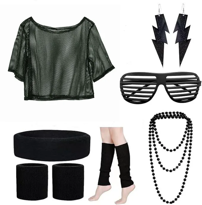 1980s Party Dance Costume Set | Fishnet T-Shirt, Ankle Warmers & Sports Headband (Retro Accessory Bundle)