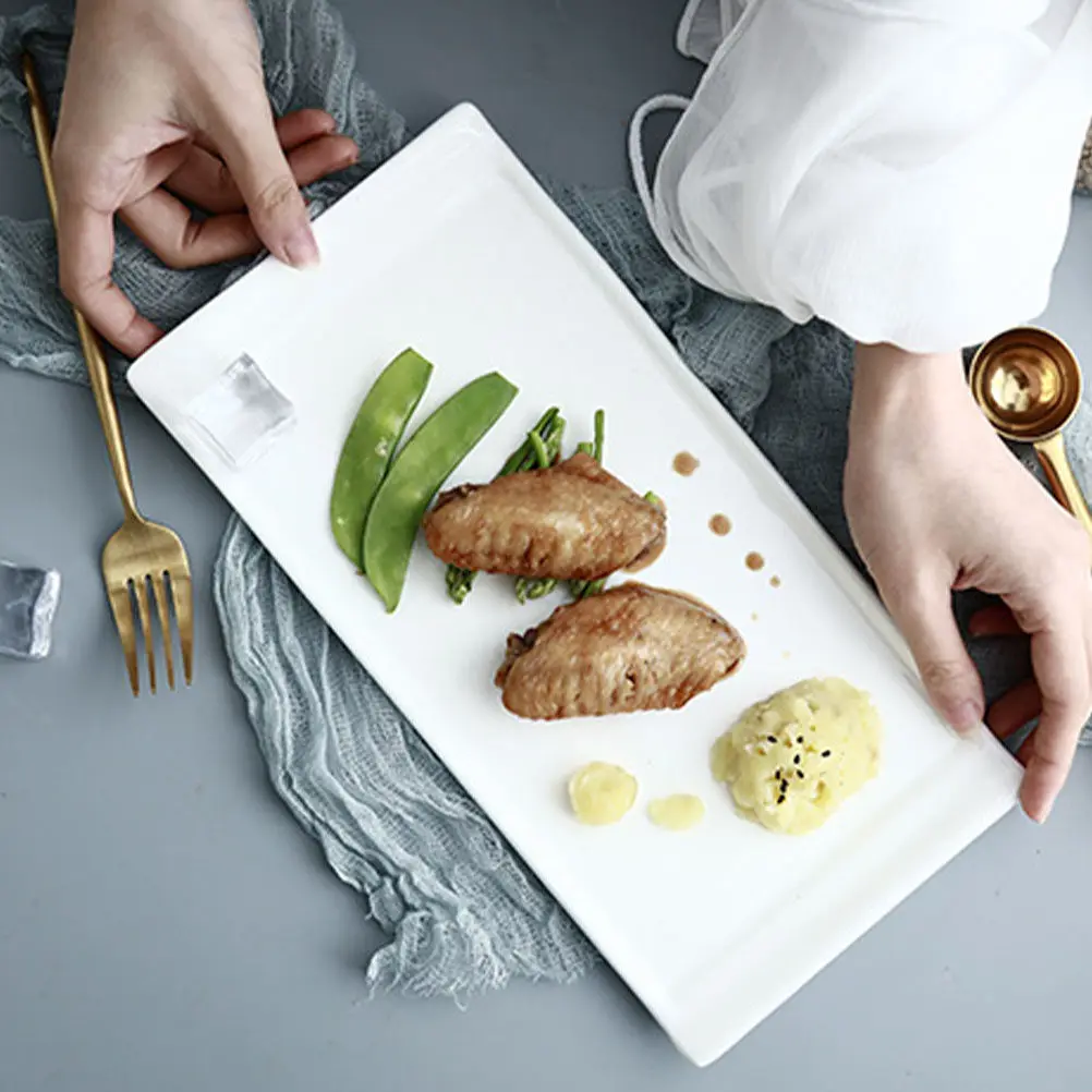 White Rectangular Ceramic Serving Plate Heat Resistant Food Tray for Sushi Dessert Steak Bread Snacks