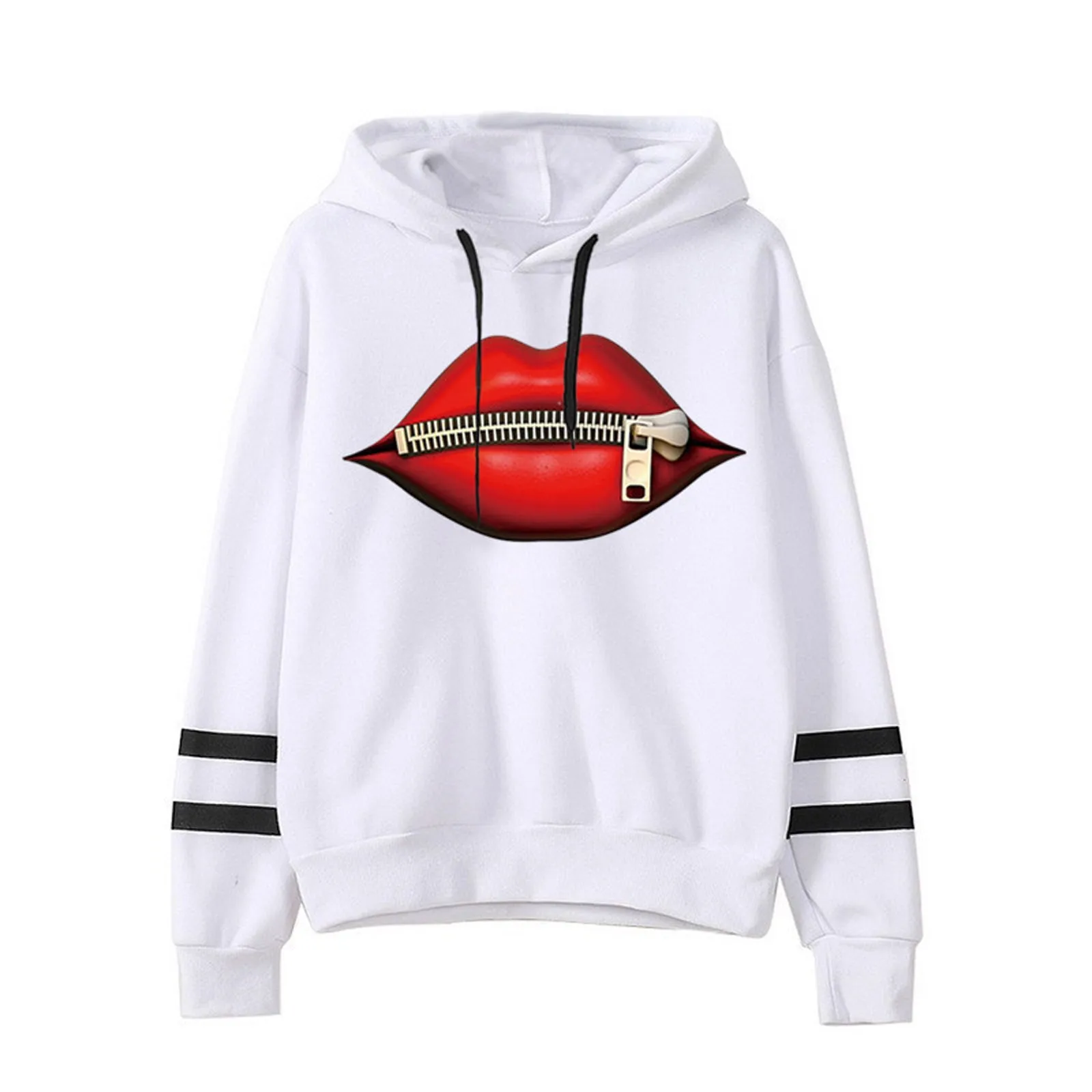 

White Pullover Womesn Casual Hoodie Lip Printed Long Sportwear Korean Full Sleeve Tops Undershirts Solid Color Harajuku Sweater