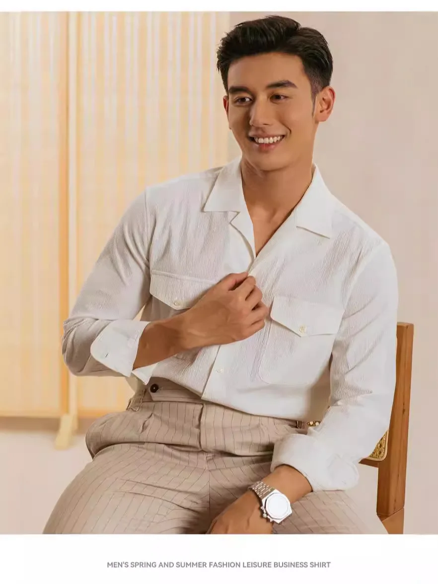 

Men's Casual Long Sve irt Thin Long Velvet Cotton Cuban Collar Loose Fit Pure Color Linen Feel Spring Faion Urban Wear